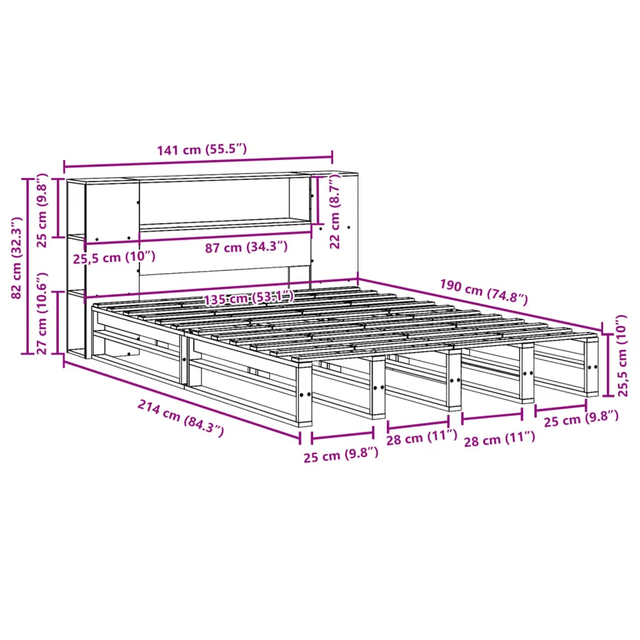 Lit bibliothèque sans matelas blanc 135x190 cm bois massif - 12