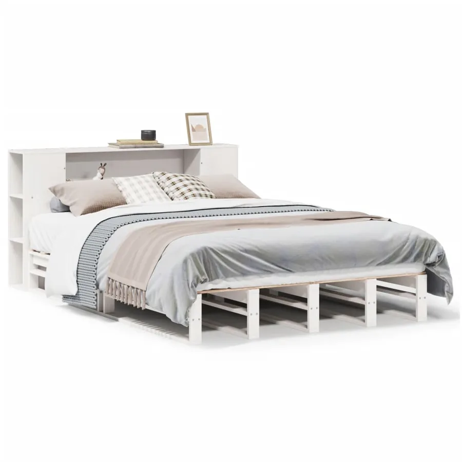 Lit bibliothèque sans matelas blanc 135x190 cm bois massif - 2