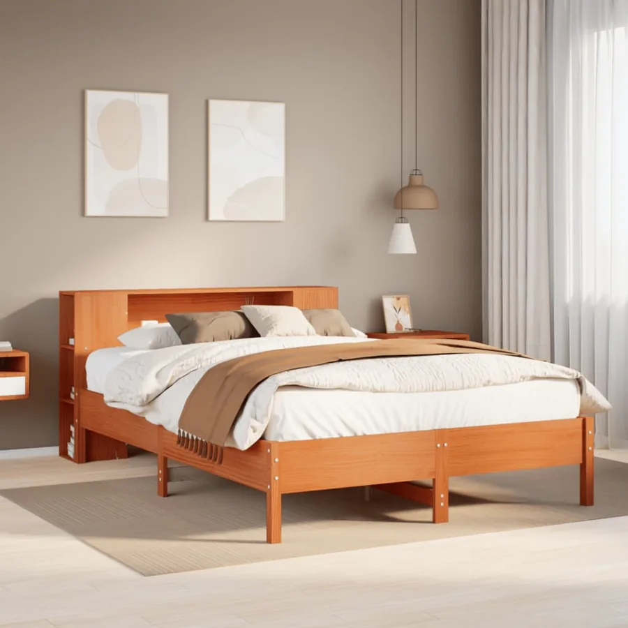 Lit bibliothèque sans matelas cire marron 140x200 cm pin massif