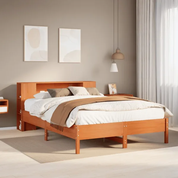 Lit bibliothèque sans matelas cire marron 140x200 cm pin massif