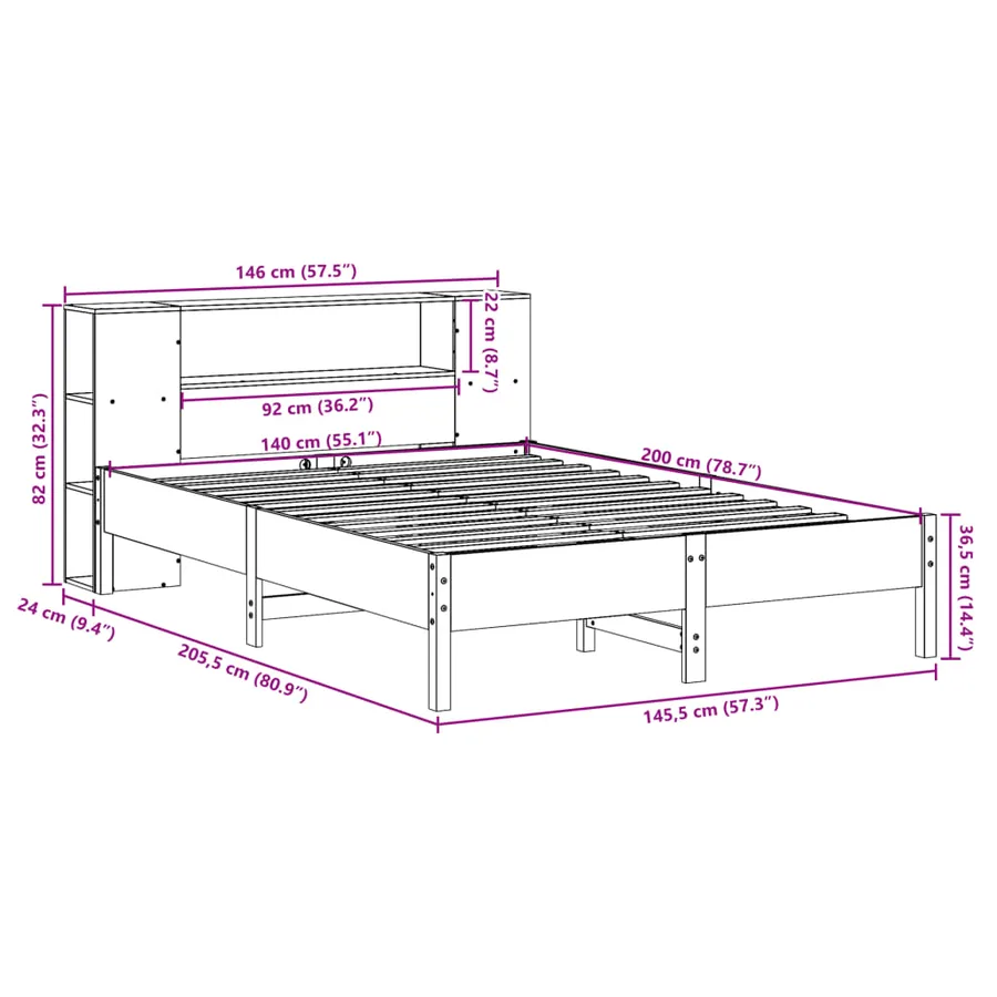 Lit bibliothèque sans matelas cire marron 140x200 cm pin massif - 11