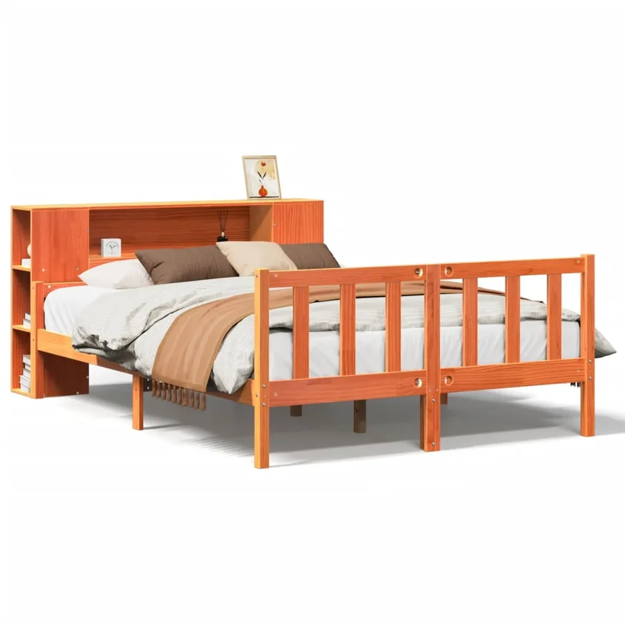 Lit bibliothèque sans matelas cire marron 150x200cm bois massif - 2