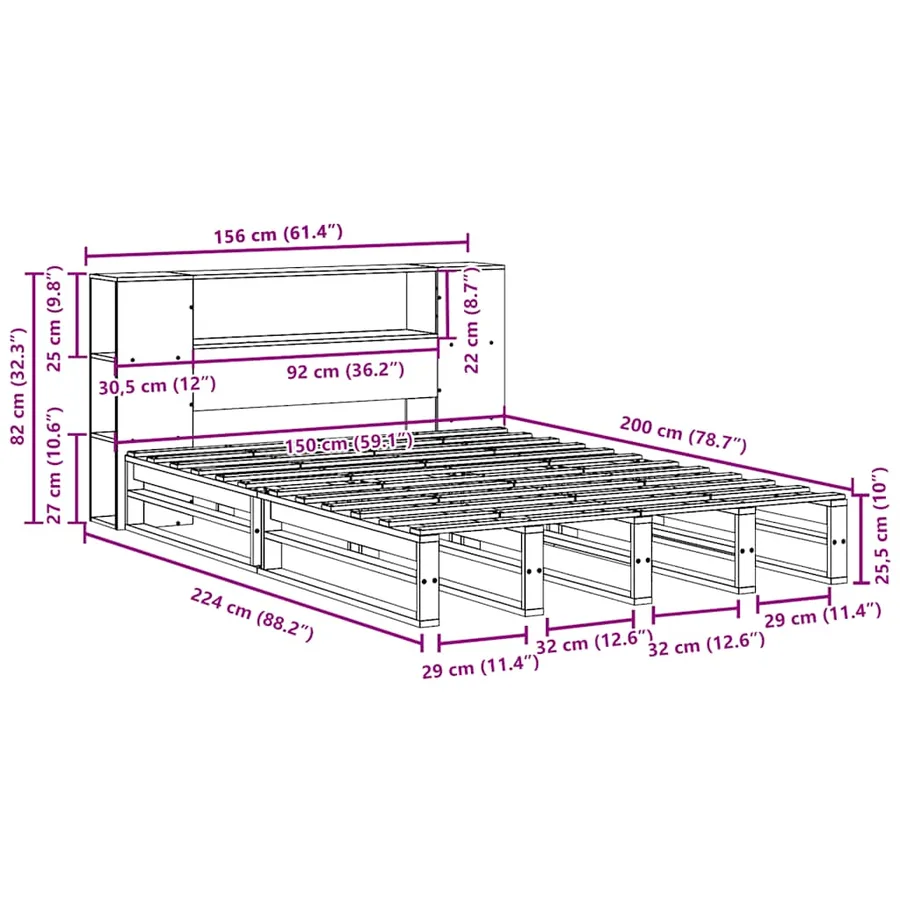 Lit bibliothèque sans matelas cire marron 150x200cm bois massif - 12