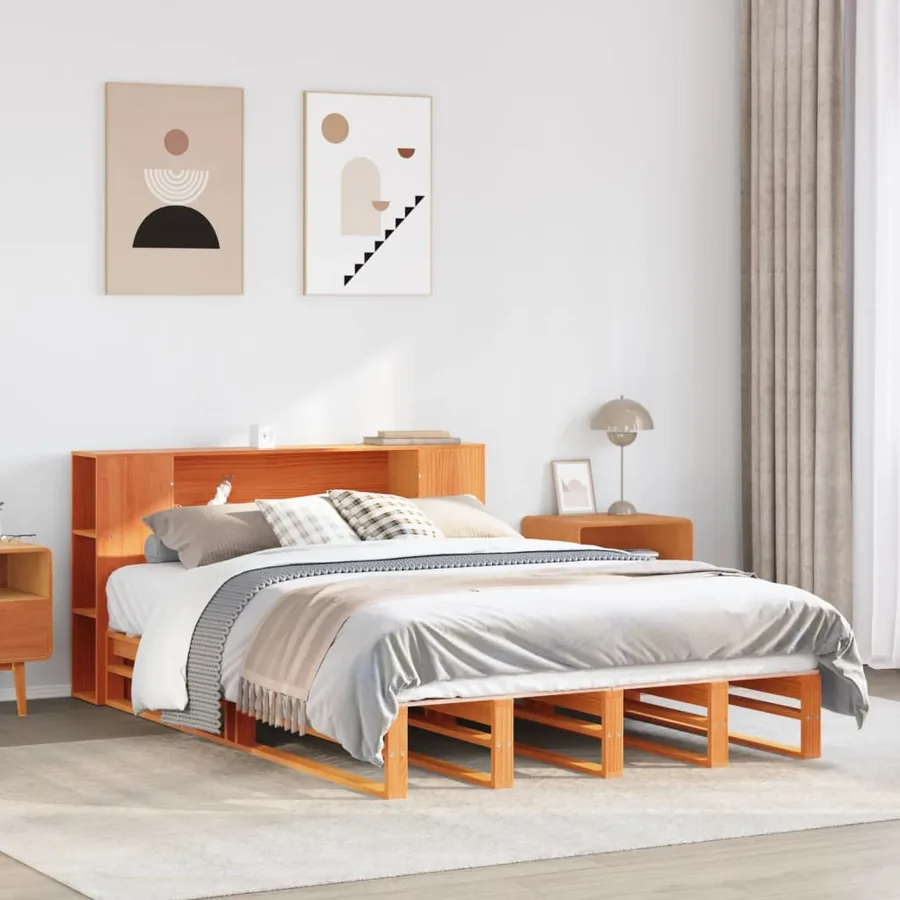 Lit bibliothèque sans matelas cire marron 140x200cm bois massif
