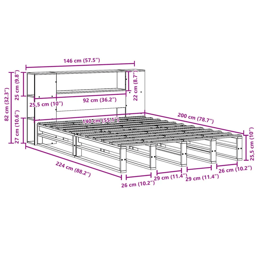 Lit bibliothèque sans matelas cire marron 140x200cm bois massif - 12