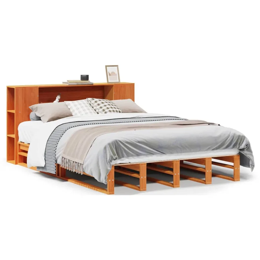 Lit bibliothèque sans matelas cire marron 140x200cm bois massif - 2
