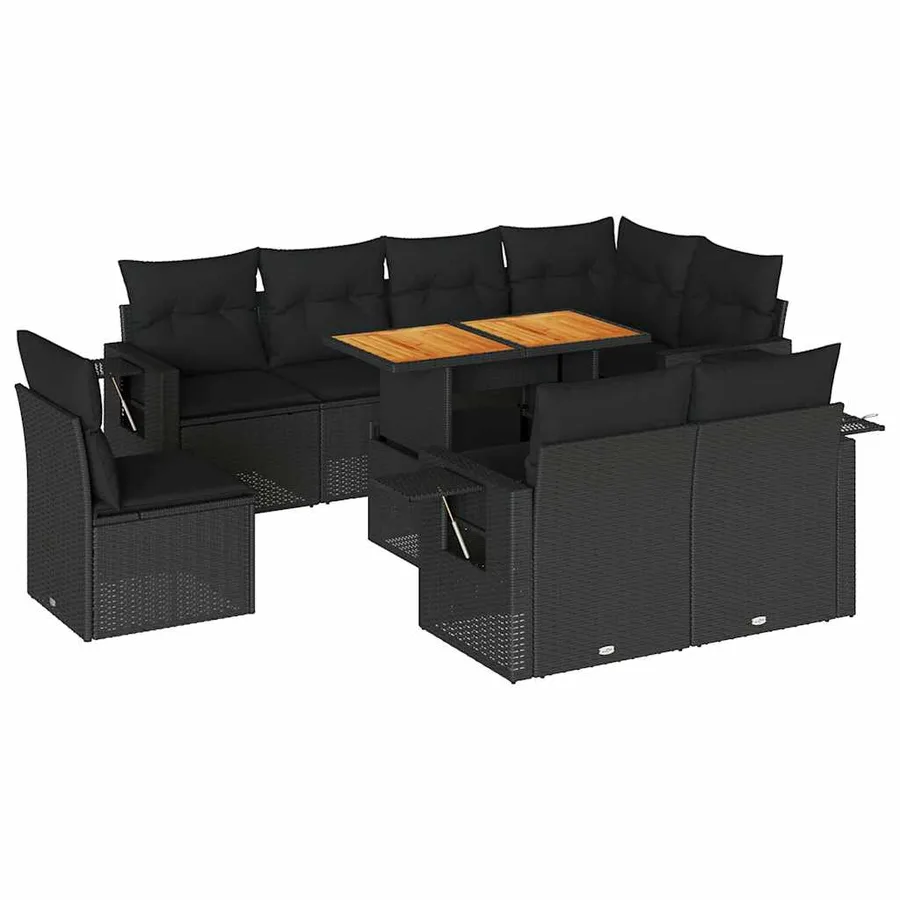 Salon de jardin 9 pcs avec coussins noir résine tressée - 2