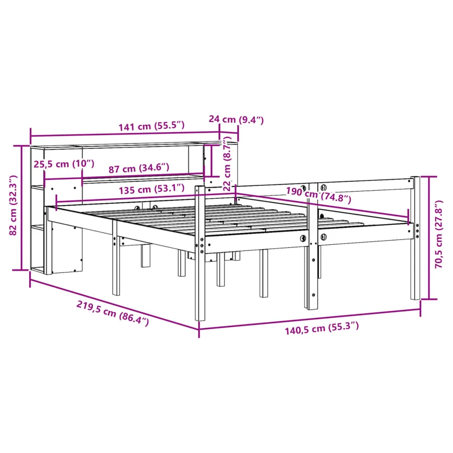 Lit bibliothèque sans matelas cire marron 135x190cm bois massif - 12