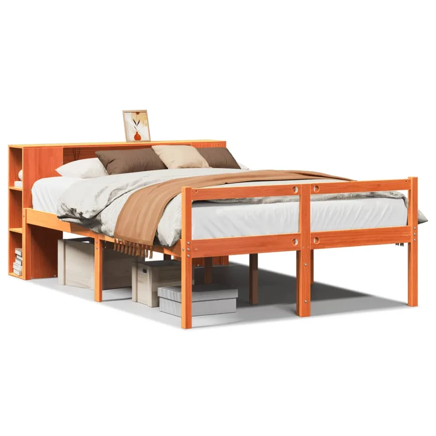 Lit bibliothèque sans matelas cire marron 135x190cm bois massif - 2