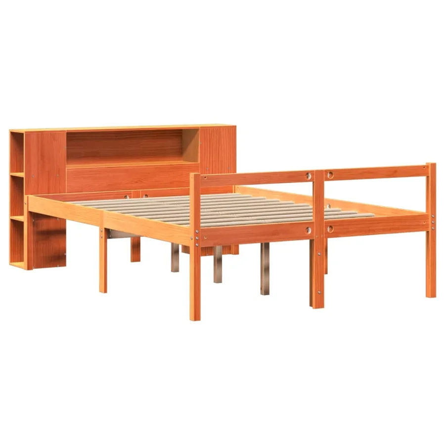 Lit bibliothèque sans matelas cire marron 135x190cm bois massif - 3