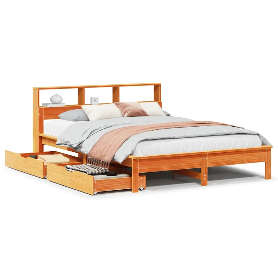 Lit bibliothèque sans matelas cire marron 140x190 cm pin massif - 2