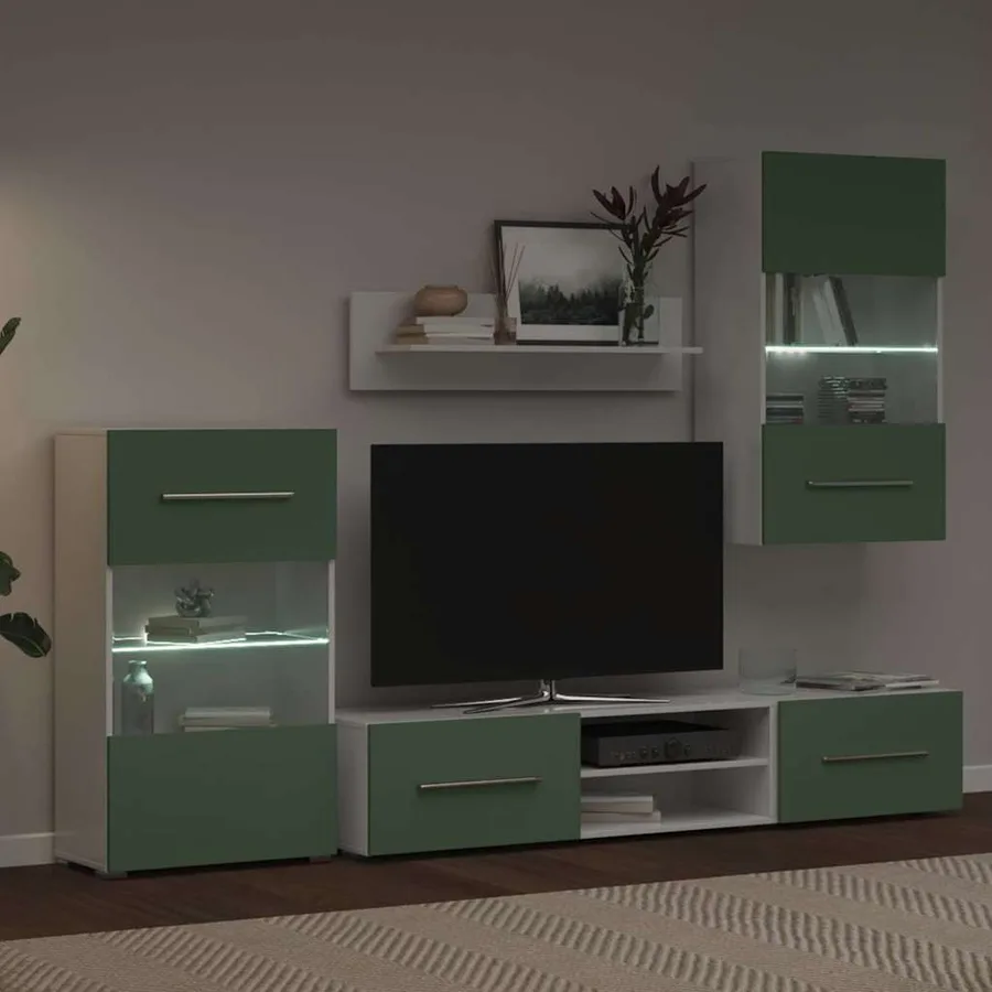 Meubles TV avec lumière LED 5 pcs vert olive bois d'ingénierie - 4