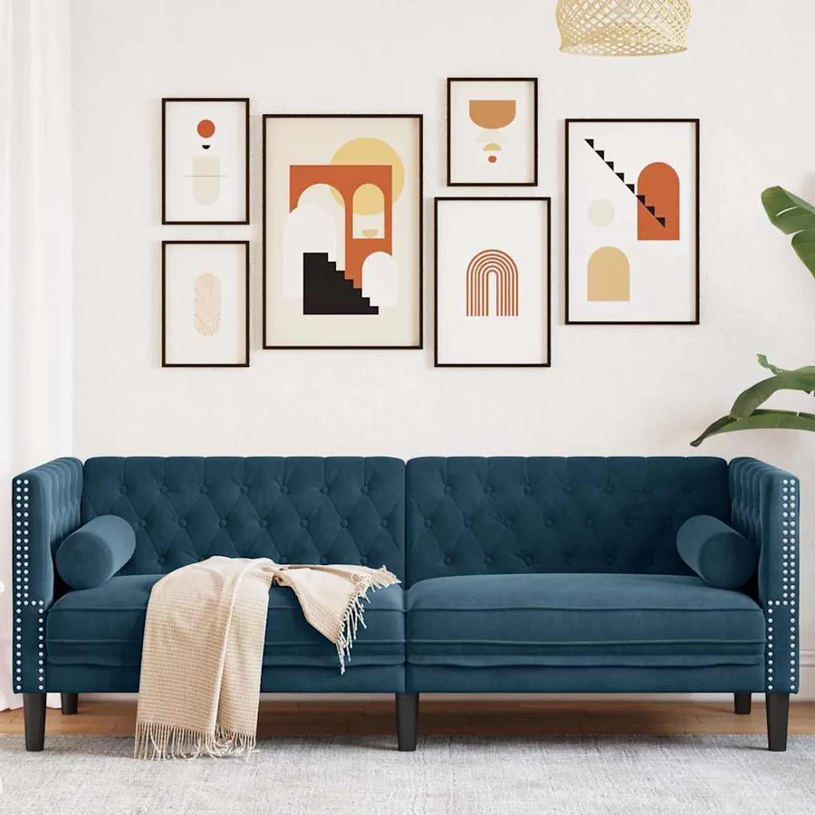 Canapé Chesterfield avec traversins 3 places bleu velours