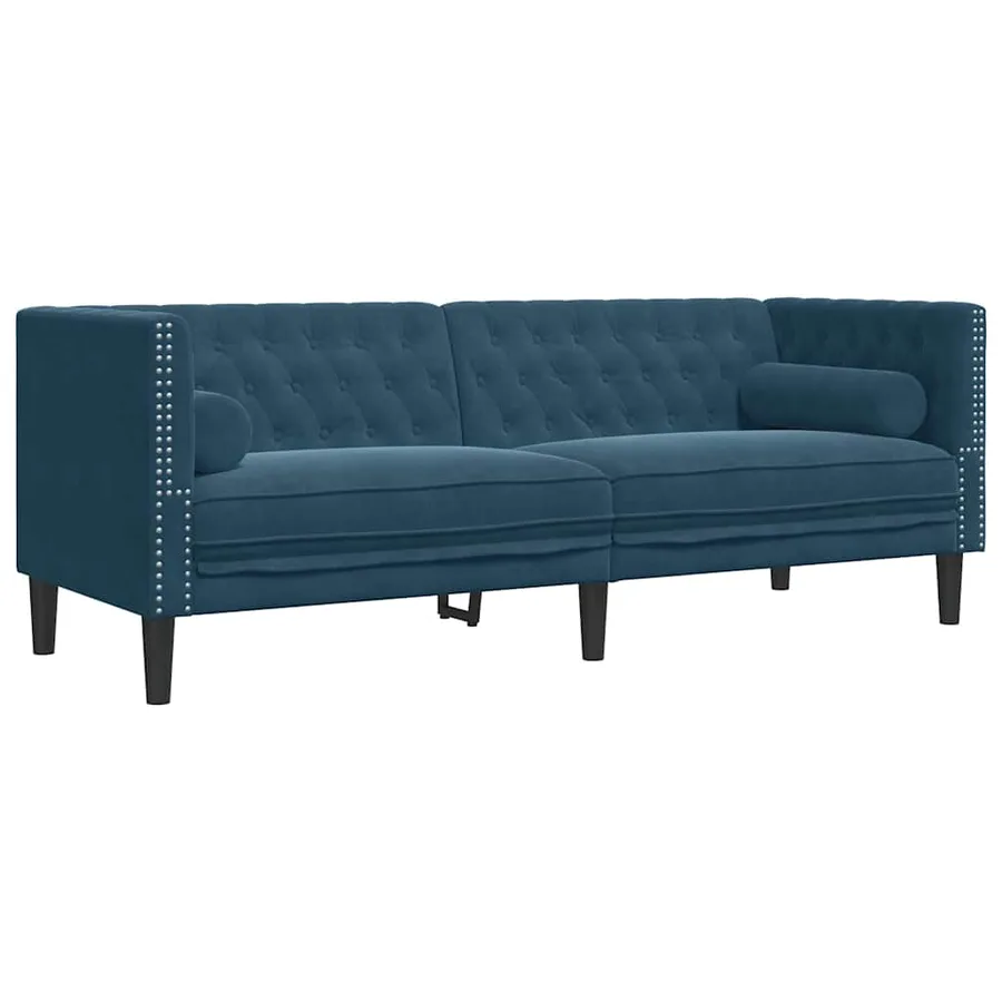 Canapé Chesterfield avec traversins 3 places bleu velours - 2