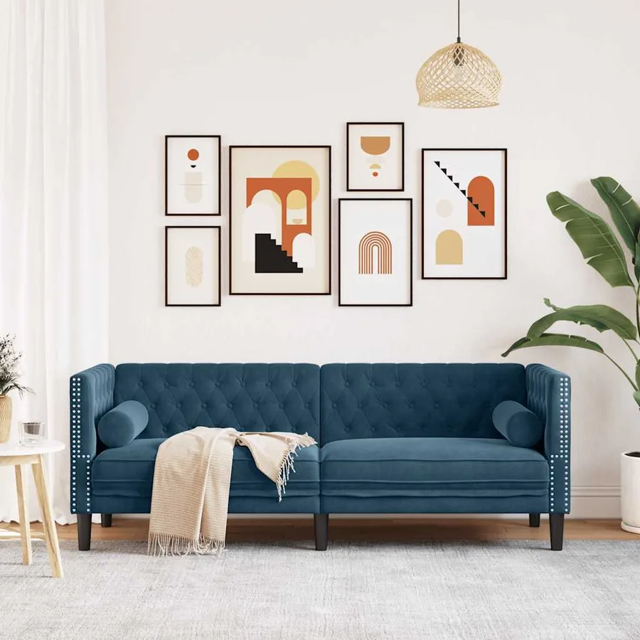 Canapé Chesterfield avec traversins 3 places bleu velours - 3