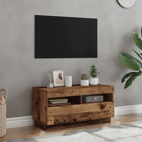 Meuble TV avec lumières LED vieux bois bois d'ingénierie