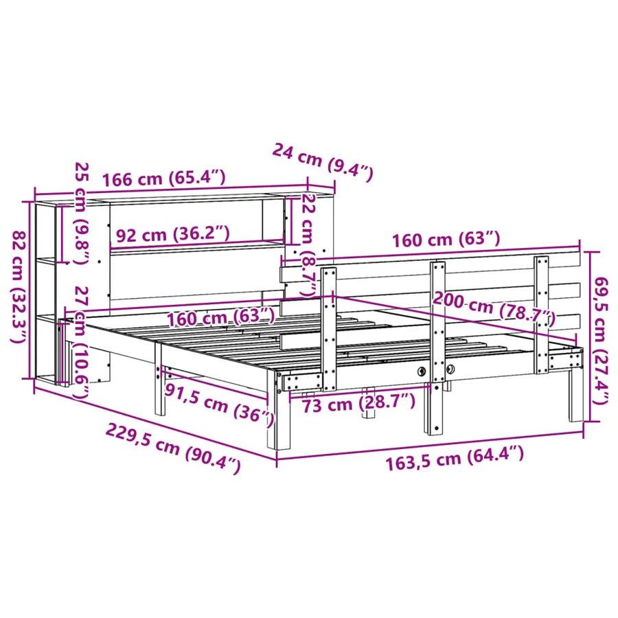 Lit bibliothèque sans matelas 160x200 cm bois massif de pin - 11