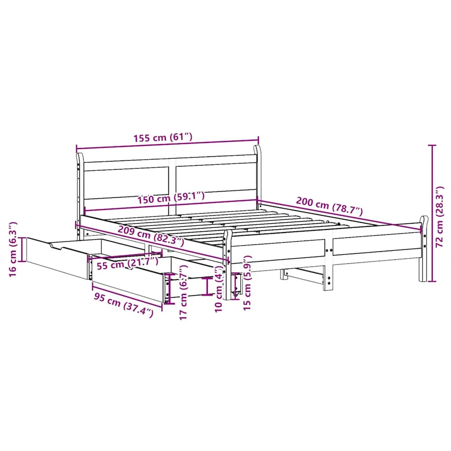 Cadre de lit sans matelas 150x200 cm bois de pin massif - 12