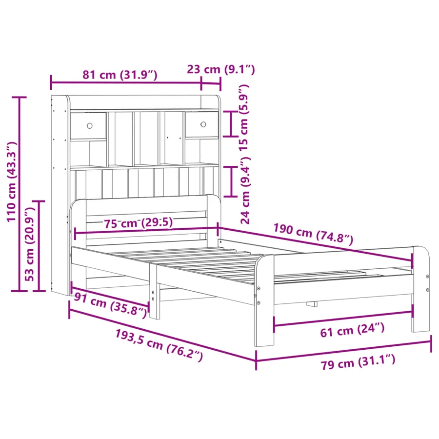Lit bibliothèque sans matelas cire marron 75x190 cm pin massif - 11