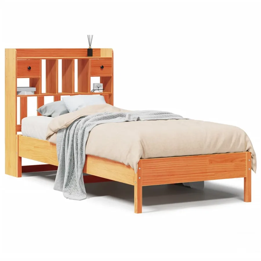 Lit bibliothèque sans matelas cire marron 100x200 cm pin massif - 2