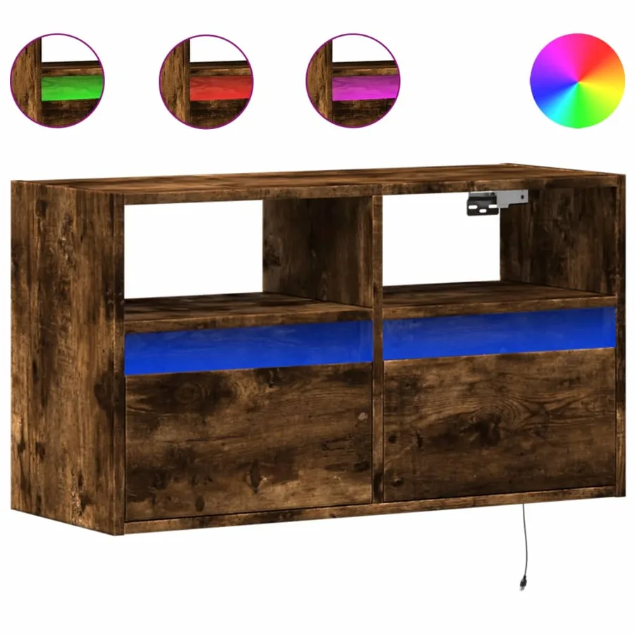 Meuble TV mural avec lumières LED chêne fumé 80x31x45 cm - 2