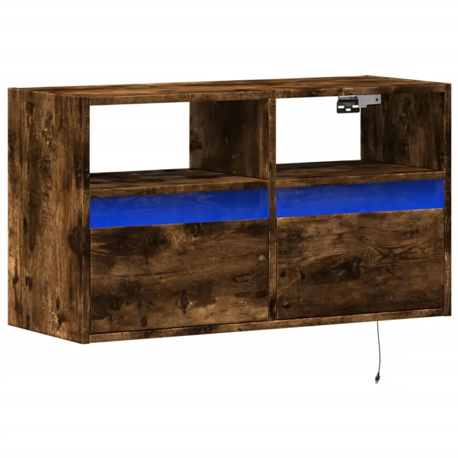 Meuble TV mural avec lumières LED chêne fumé 80x31x45 cm - 3
