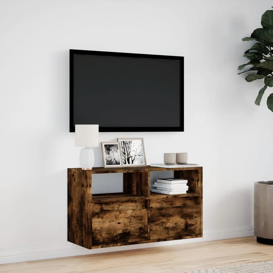 Meuble TV mural avec lumières LED chêne fumé 80x31x45 cm - 4