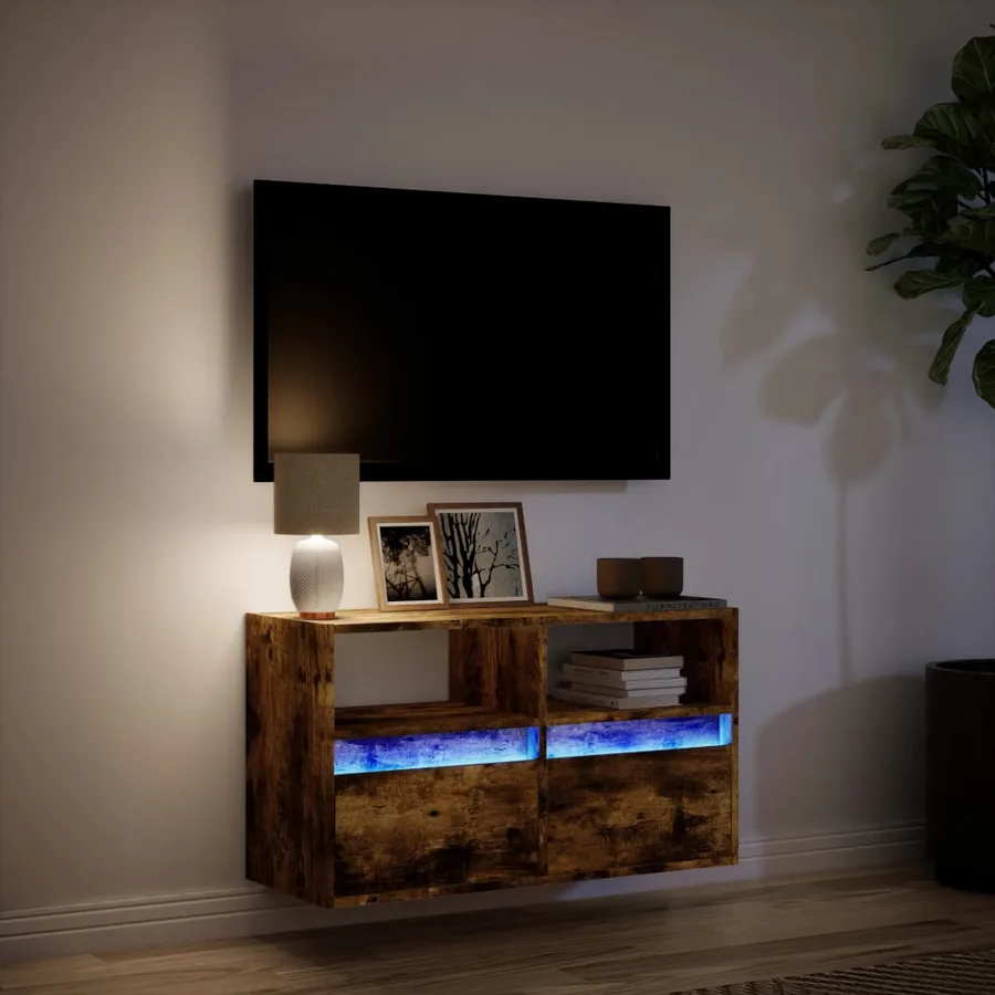 Meuble TV mural avec lumières LED chêne fumé 80x31x45 cm - 5