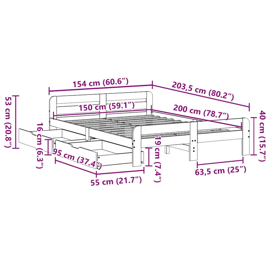 Cadre de lit sans matelas 150x200 cm bois de pin massif - 12