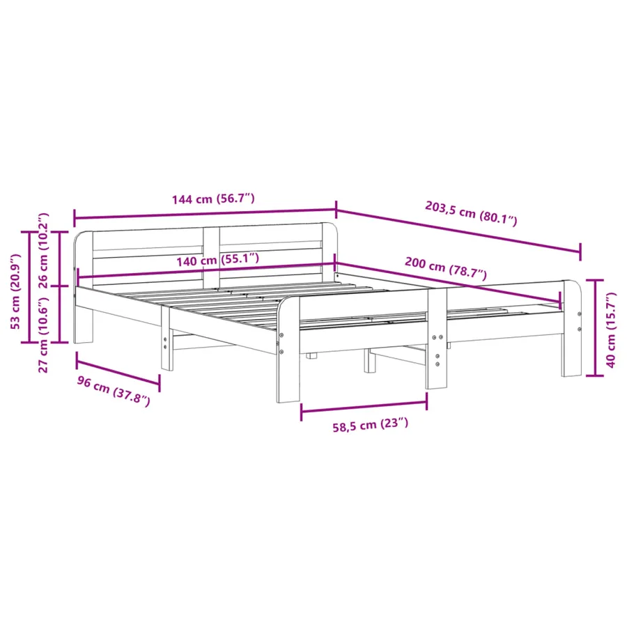 Cadre de lit sans matelas blanc 140x200 cm bois de pin massif - 9
