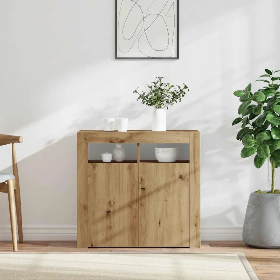 Buffet avec lumières LED chêne artisanal bois d'ingénierie