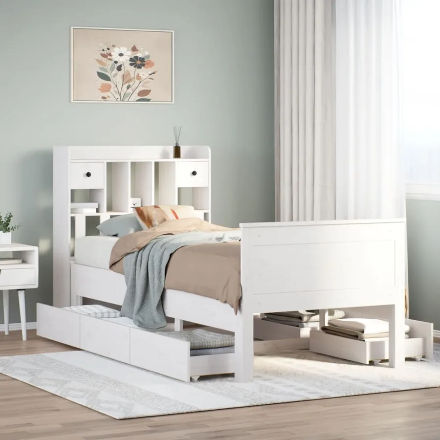 Lit bibliothèque sans matelas blanc 90x190cm bois de pin massif