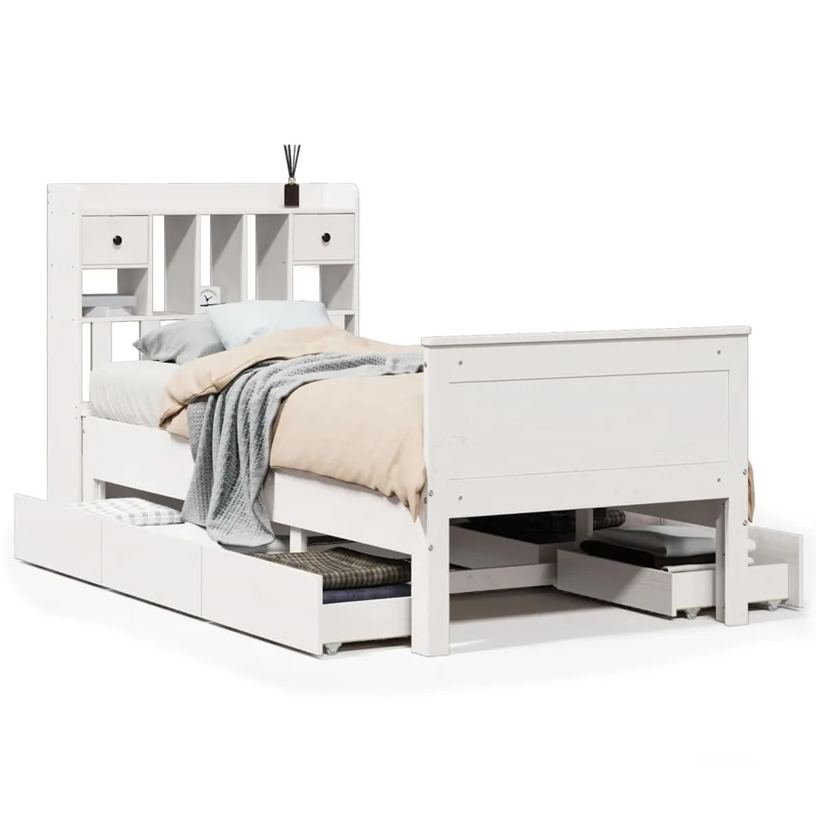 Lit bibliothèque sans matelas blanc 90x190cm bois de pin massif - 2
