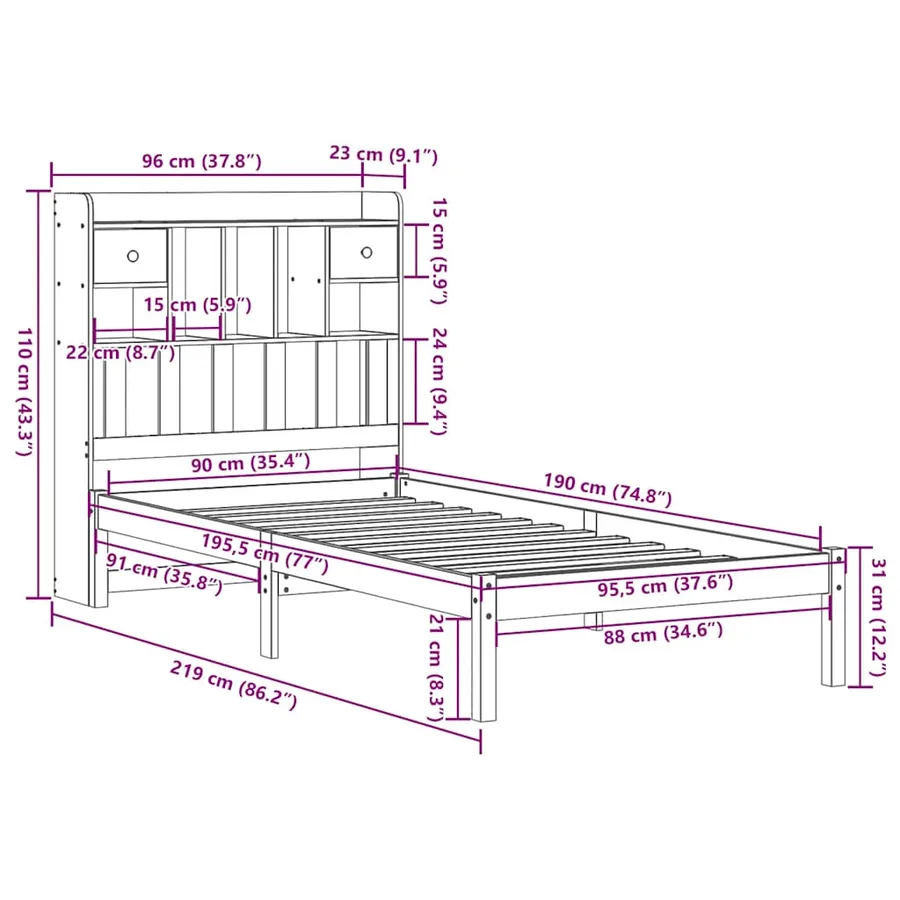 Lit bibliothèque sans matelas 90x190 cm bois de pin massif - 11