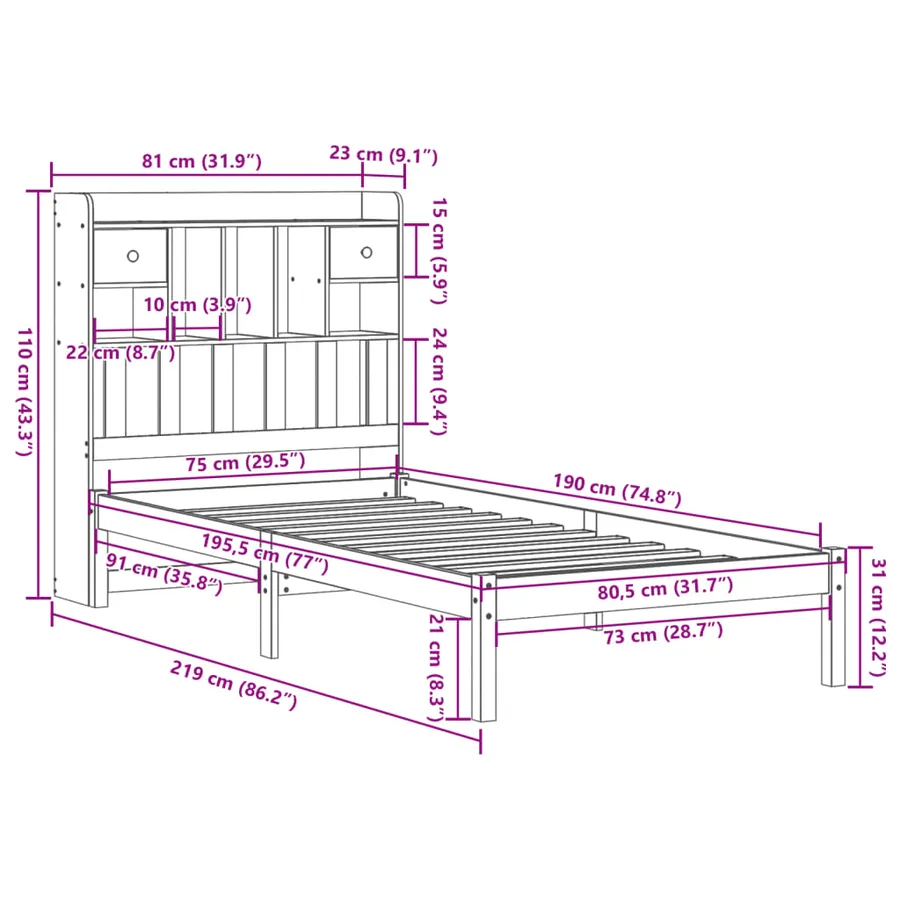 Lit bibliothèque sans matelas 75x190 cm bois de pin massif - 11