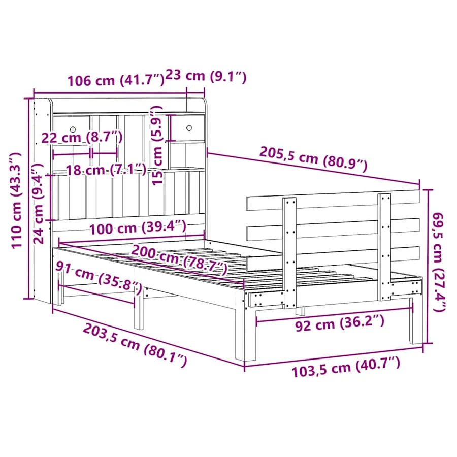 Lit bibliothèque sans matelas cire marron 100x200 cm pin massif - 11