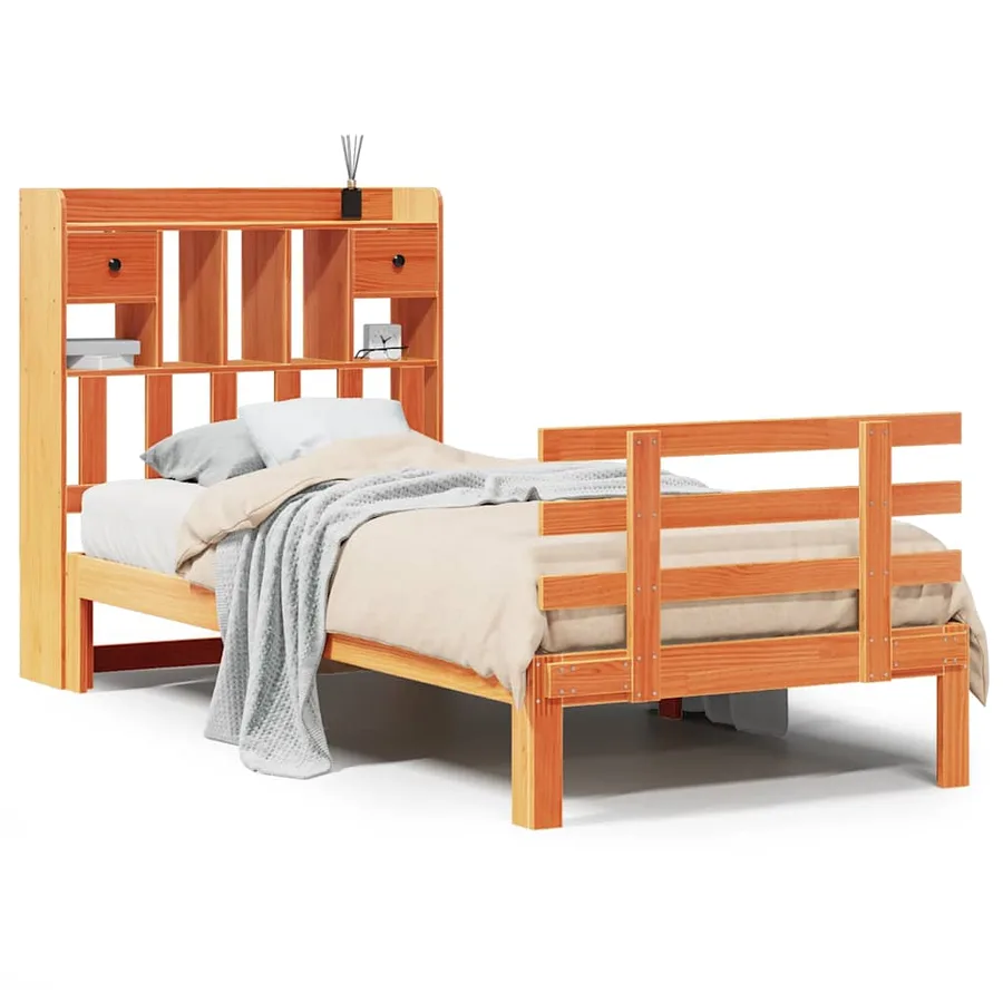 Lit bibliothèque sans matelas cire marron 100x200 cm pin massif - 2
