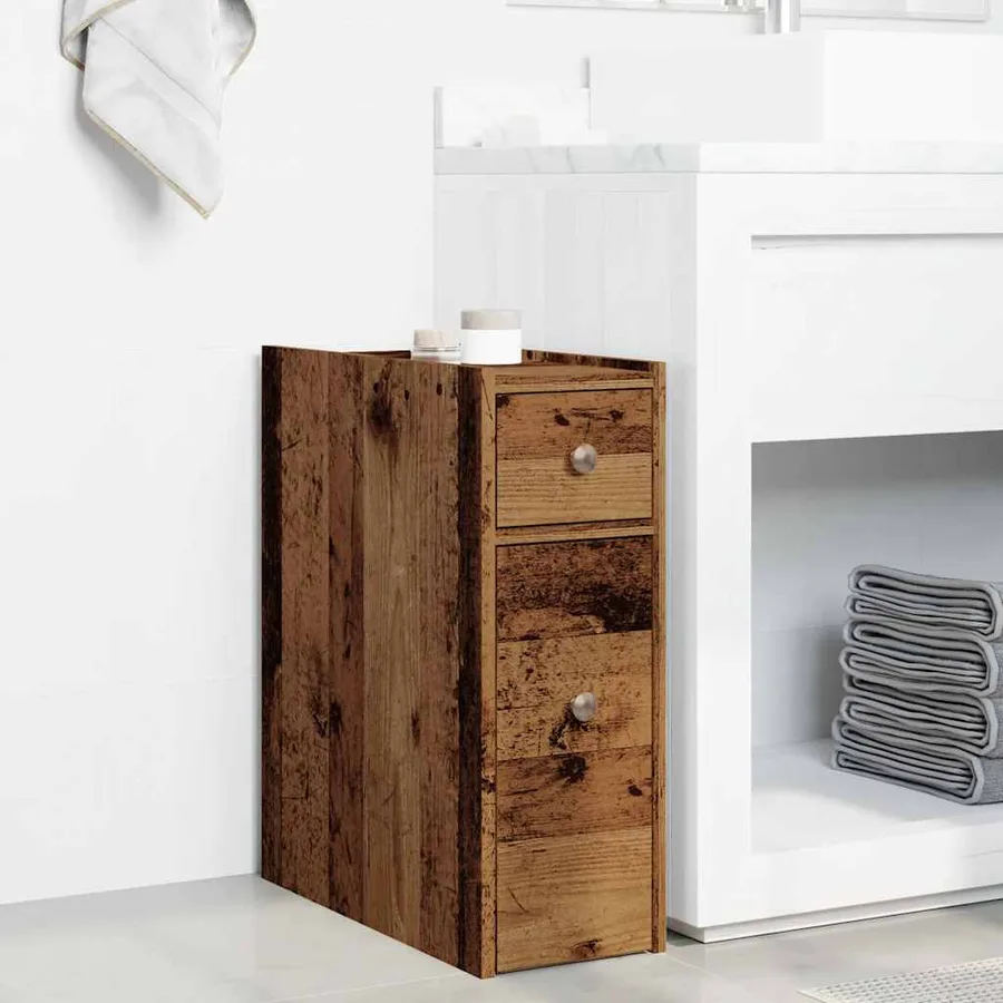 Armoire de salle de bain étroite avec roulettes vieux bois - 3