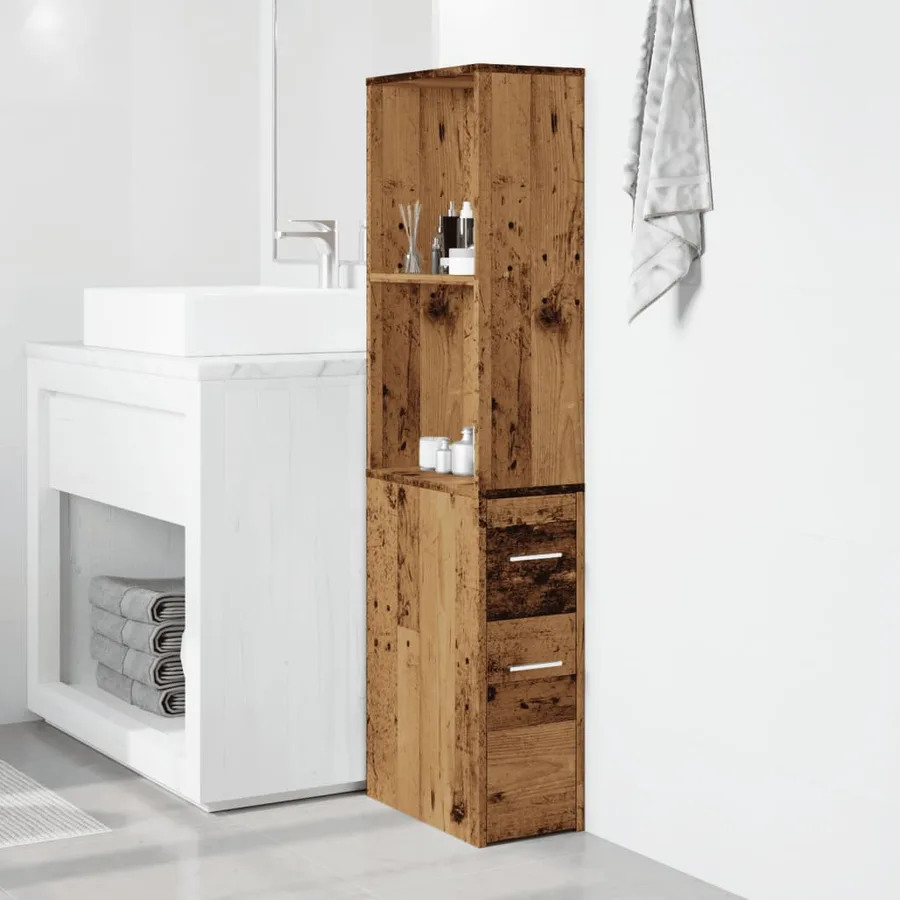 Armoire de salle de bain étroite avec roulettes vieux bois - 3