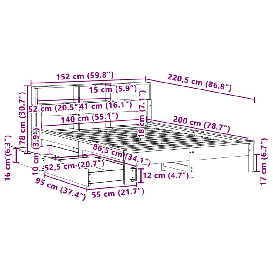 Lit bibliothèque sans matelas 140x200 cm bois massif de pin - 12