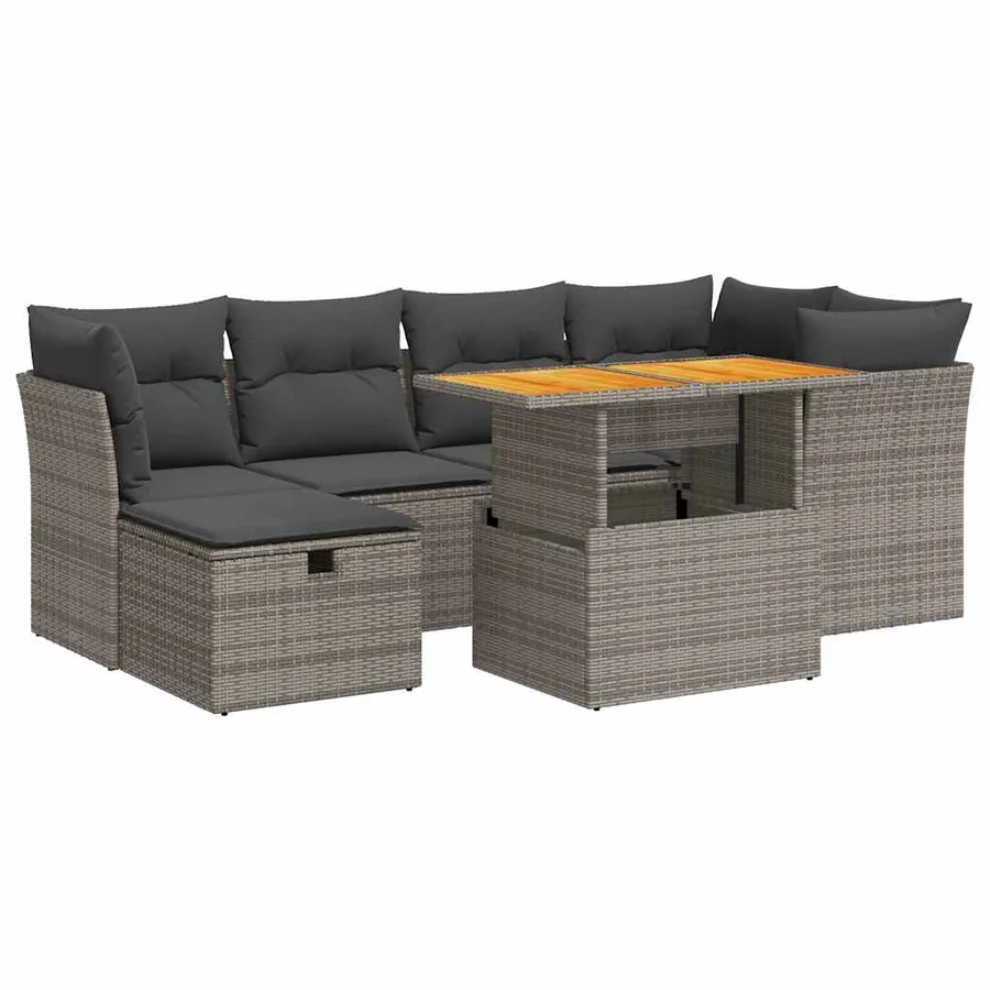 Salon de jardin avec coussins 7 pcs gris résine tressée acacia - 2