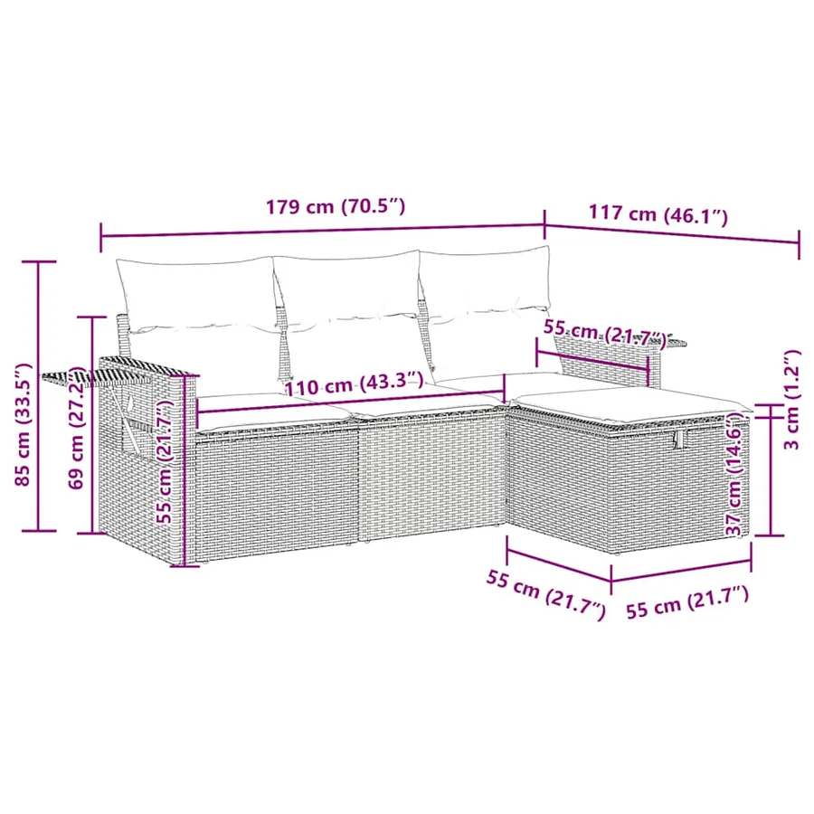 Salon de jardin 4 pcs avec coussins gris résine tressée - 12