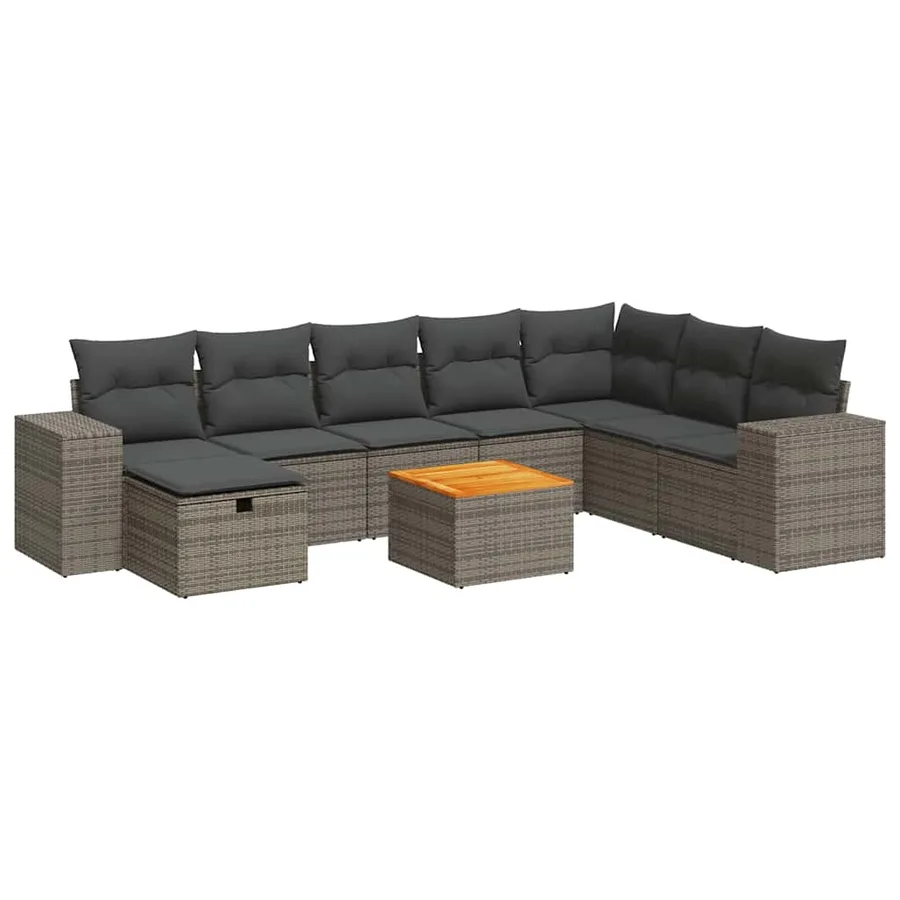 Salon de jardin 9 pcs avec coussins gris résine tressée - 2