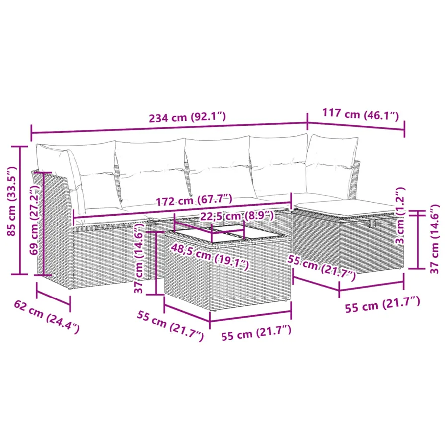 Salon de jardin 6 pcs avec coussins gris résine tressée - 12