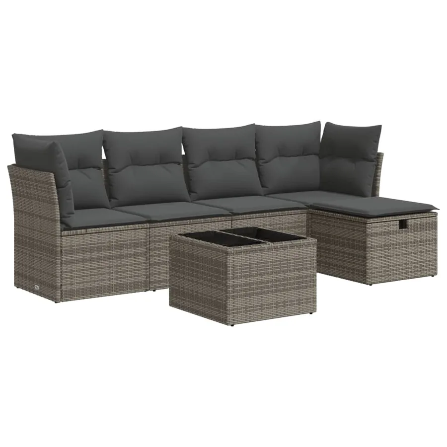 Salon de jardin 6 pcs avec coussins gris résine tressée - 2