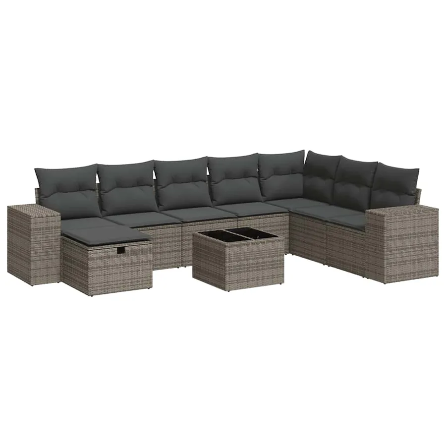 Salon de jardin 9 pcs avec coussins gris résine tressée - 2