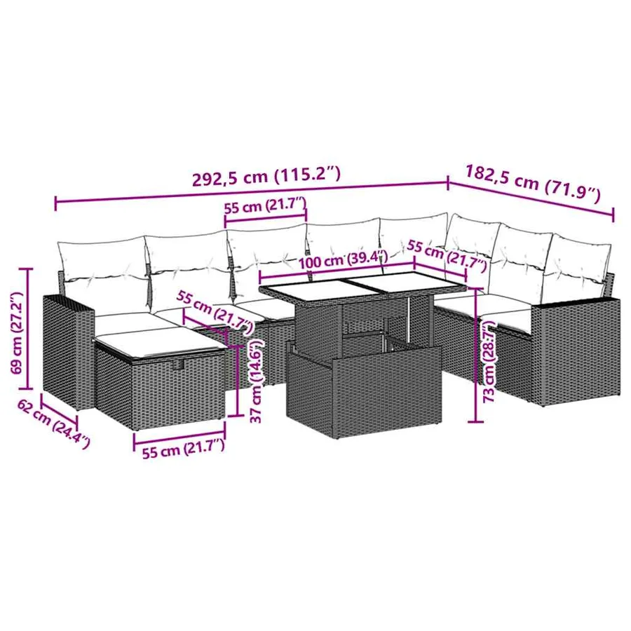 Salon de jardin avec coussins 9 pcs beige résine tressée - 13