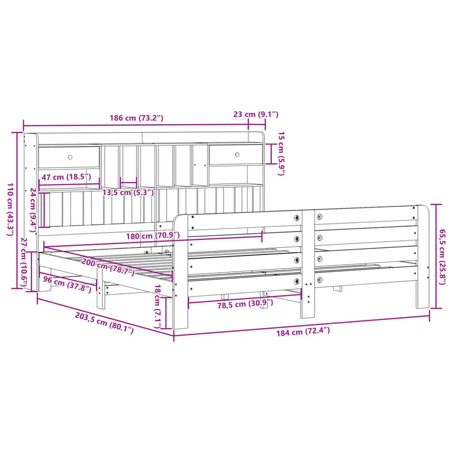 Lit bibliothèque sans matelas blanc 180x200 cm bois pin massif - 11