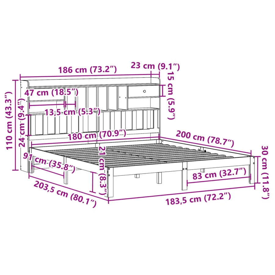 Lit bibliothèque sans matelas 180x200 cm bois massif de pin - 11