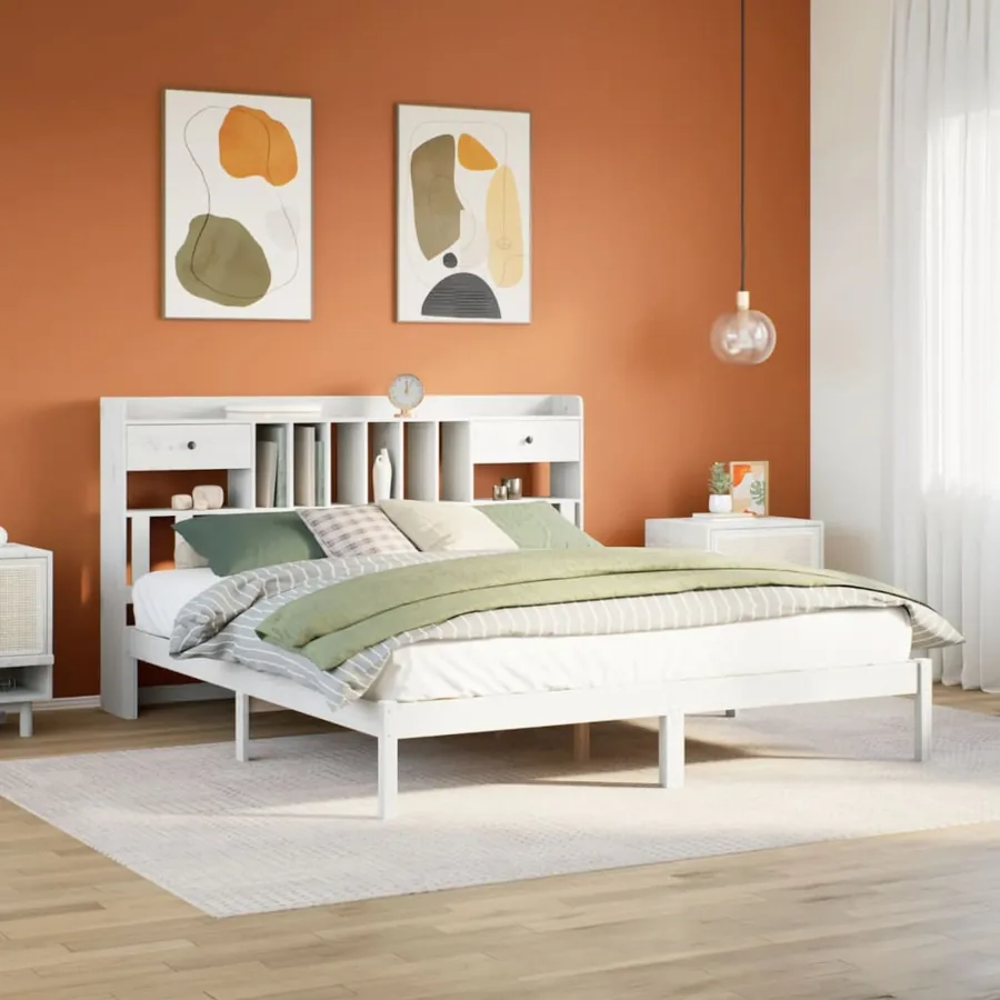 Lit bibliothèque sans matelas blanc 180x200 cm bois pin massif